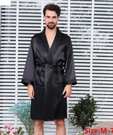 Men's Night Robe Kimono Bathrobe Gown with Pocket Comfy Silk Satin Long Sleeve Thin Sleepwear Spring Summer Lounge Homewear