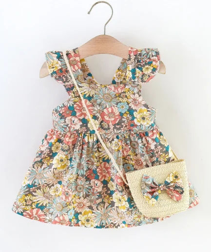 2 Pcs Summer New Baby Girl Dress Fashionable Floral Fly Sleeve Cotton Dress with Crossbody Bag Suitable for Babies Aged 0-3
