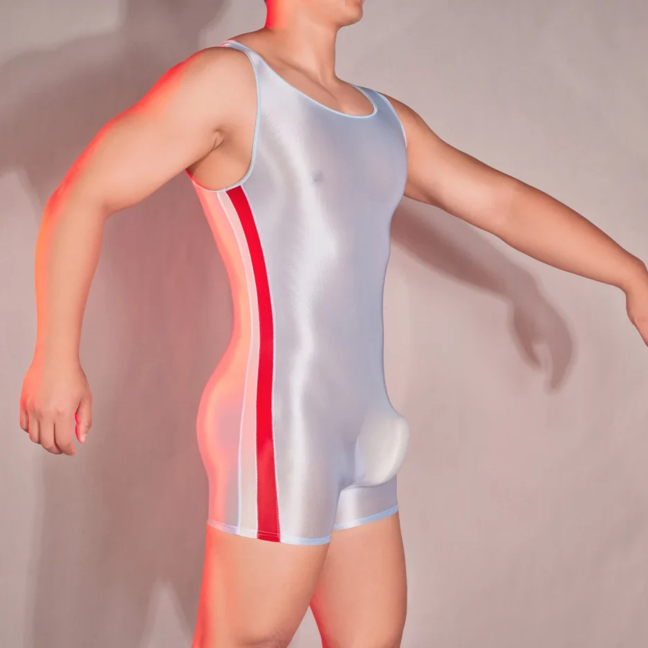 Men Sexy Contrast Color Bodysuit Oil Glossy See Through Stretchy Rompers Male Thin Playsuits Sheer Ice Silk Soft Tank Sleepwear - Image 6