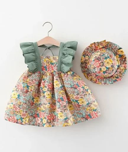 Summer New Girl Baby Strap Dress Fragmented Flower Children's Sleeveless Princess Dress 0-3 Year Old Newborn Comes with Hat
