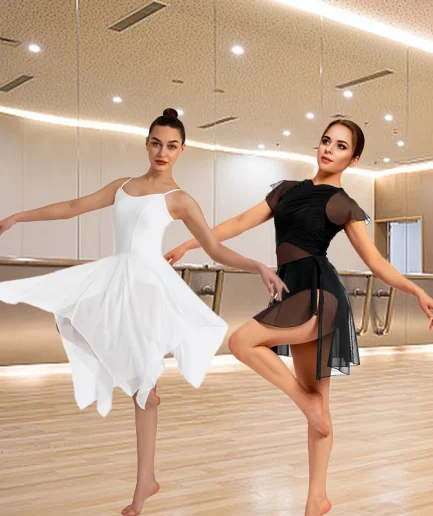Women Modern Lyrical Dress Ballet Mesh Skirted Sleeveless/Flutter Sleeve Leotard Gymnastic Dancewear