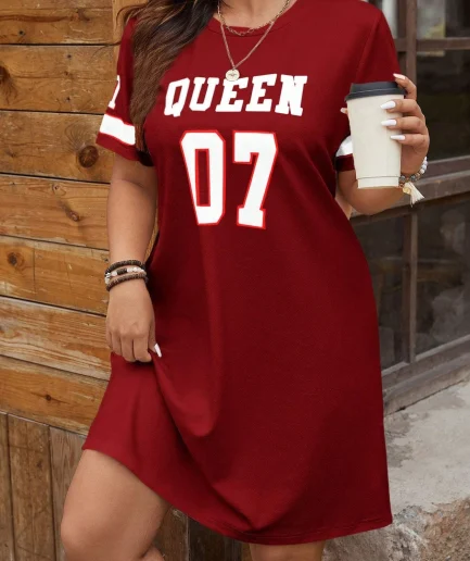 Plus Size Women's Summer Music Festival Pattern Sporty Casual Letter Print Fashionable 07 Printed Jersey Tenniscore Dress