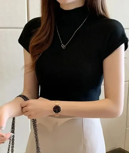 Short Sleeve Mock Neck Knit Crop Top for Women Basic Rib-knit Pullovers Knitwear Classic Office Lady Summer Outfit