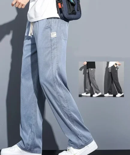 2025 New Summer Soft Lyocell Fabric Men's Jeans Thin Loose Straight Pants Drawstring Elastic Waist Korea Casual Trousers