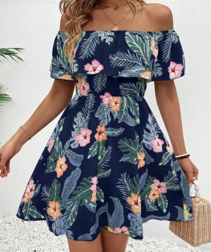 Elegant fashion women's dress line neck short sleeve ruffle full body print ruffle casual