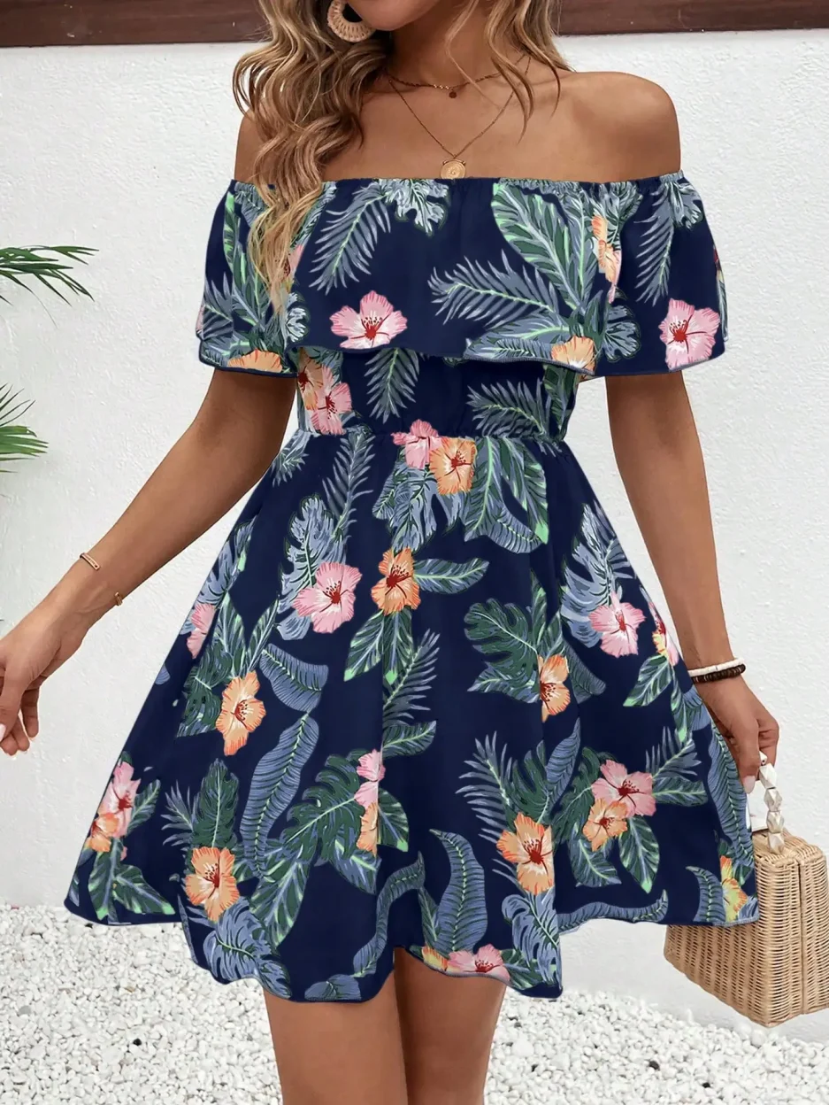 Elegant fashion women's dress line neck short sleeve ruffle full body print ruffle casual