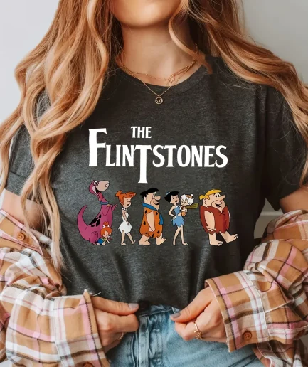 Plus - Size Gray Round Neck T - Shirt with The Flintstones - themed Print: Retro - animated and Nostalgic