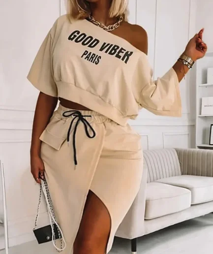 LW Plus Size Two Piece Good Viber One Shoulder Letter Print Set Crop Top+High Split Skirt Elegant Matching Outfits For Women