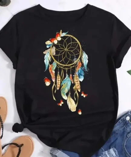 Plus Size Women Summer Short Sleeve Dreamcatcher Feather Fashion Print Lady T-shirts Top Shirt Ladies Womens Graphic Tee Top