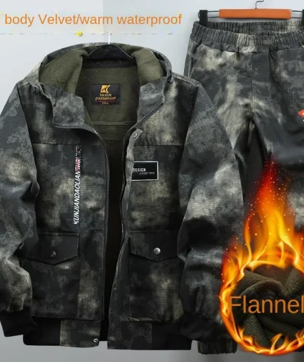 Winter 2022 Outdoor Plush Work Clothes Suit Men's Thicken Thermal Flannel Camouflage Clothes Wear-resistant Waterproof Labor Set