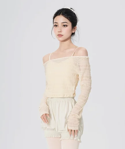 Woman Dance Tops Loose Dance Blouse Long Sleeve Modern Dance Shirts Adult Teen Pleated Tops