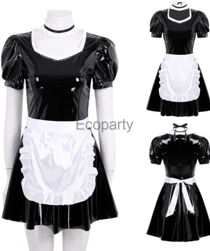 Women Sexy Glossy Patent Leather Maid Cosplay Costume Black Ruffles Apron A-Line Dress French Waitress Outfit Sexy Clubwear