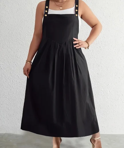 Plus Size Women's Button Shoulder Strap Dress for Casual Wear Solid Colour Summer Best Choice Polyester