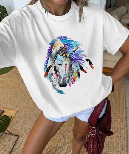 Plus Size Women's Round Neck Colorful Horse Print Short Sleeve T - Shirt Trendy Casual Women's Tops