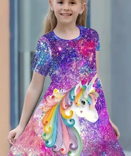 Girls Starry Unicorn Digital Print Round Neck Short Sleeve Party Casual Dress