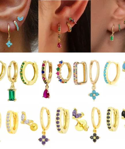 3PCS Colorful Cubic Zirconia Stainless Steel Hoop Earrings Set for Women Pendant Water Drop Earring Cartilage Piercing Jewelry