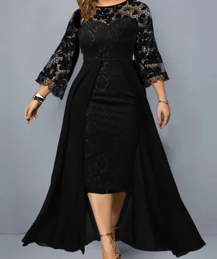Plus Size Party Dresses for Wedding Guest Women's 2024 Spring Summer Long Sleeve Lace Floral See Through Elegant Bodycon Dress